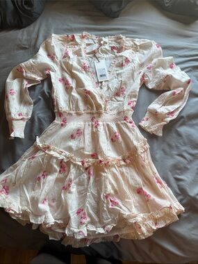 LoveShackFancy Cream Midi Dress with Pink Floral Print